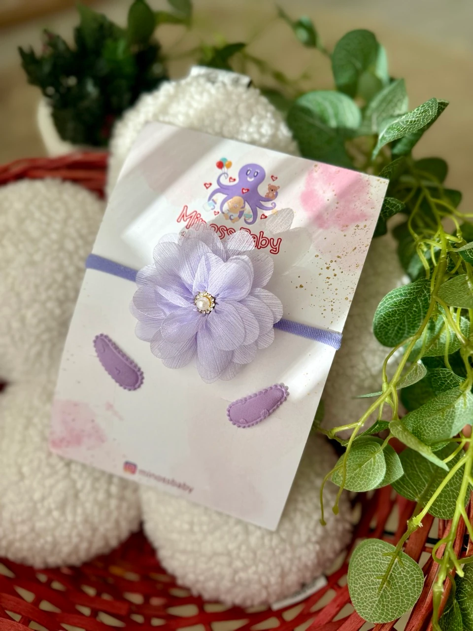 Kız Bebek Lila Çiçekli Saç Bandı ve Minik Çıtçıtlı Toka Seti 