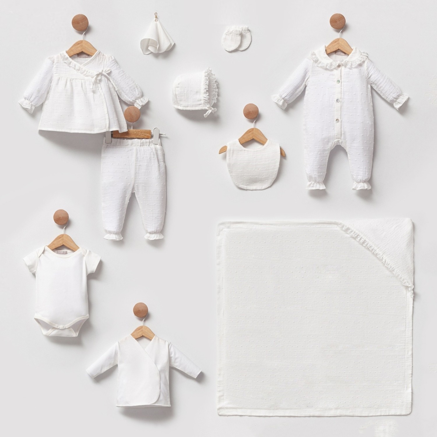 Kız Bebek Premium Ekru Brode Dantelli Müslin 10lu Set