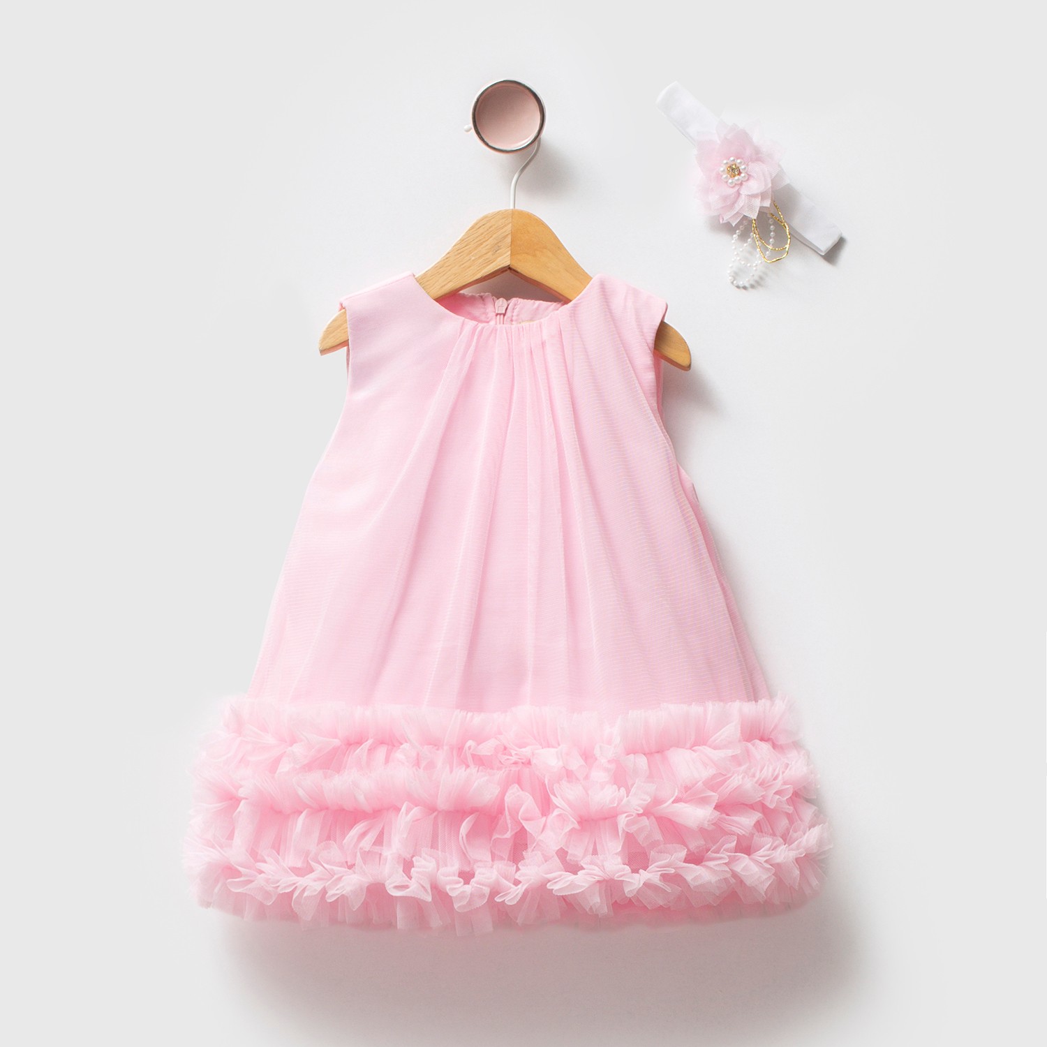 Kız Bebek Pudra Tulle Saç Bantlı Elbise 