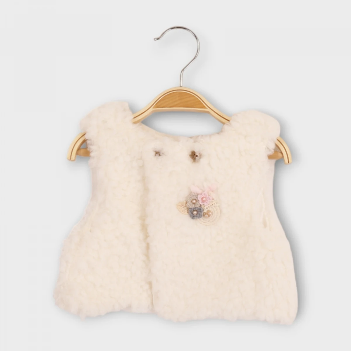 Kız Bebek Krem Çiçek Detay Peluş Yelek