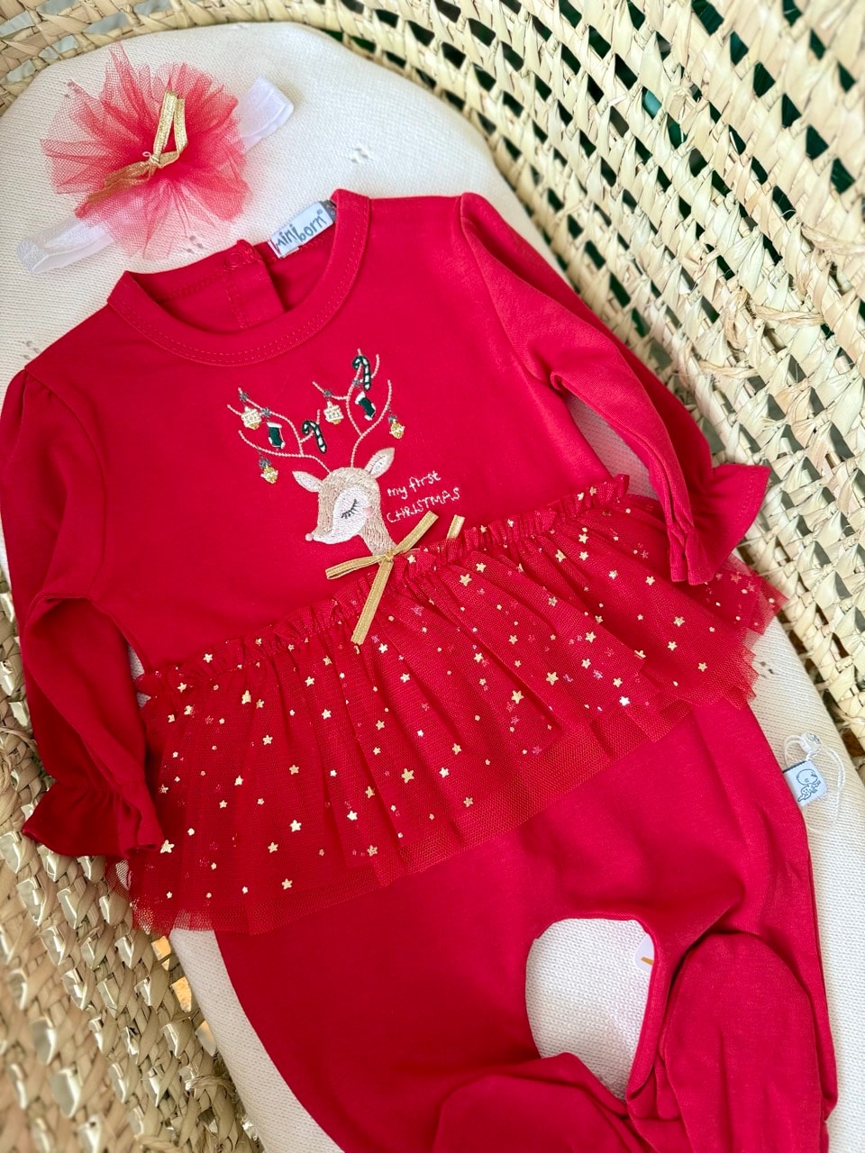 Kız Bebek Kırmızı İlk Yeni Yıl Geyik İşlemeli Yıldız Tütülü Tulum Bandana