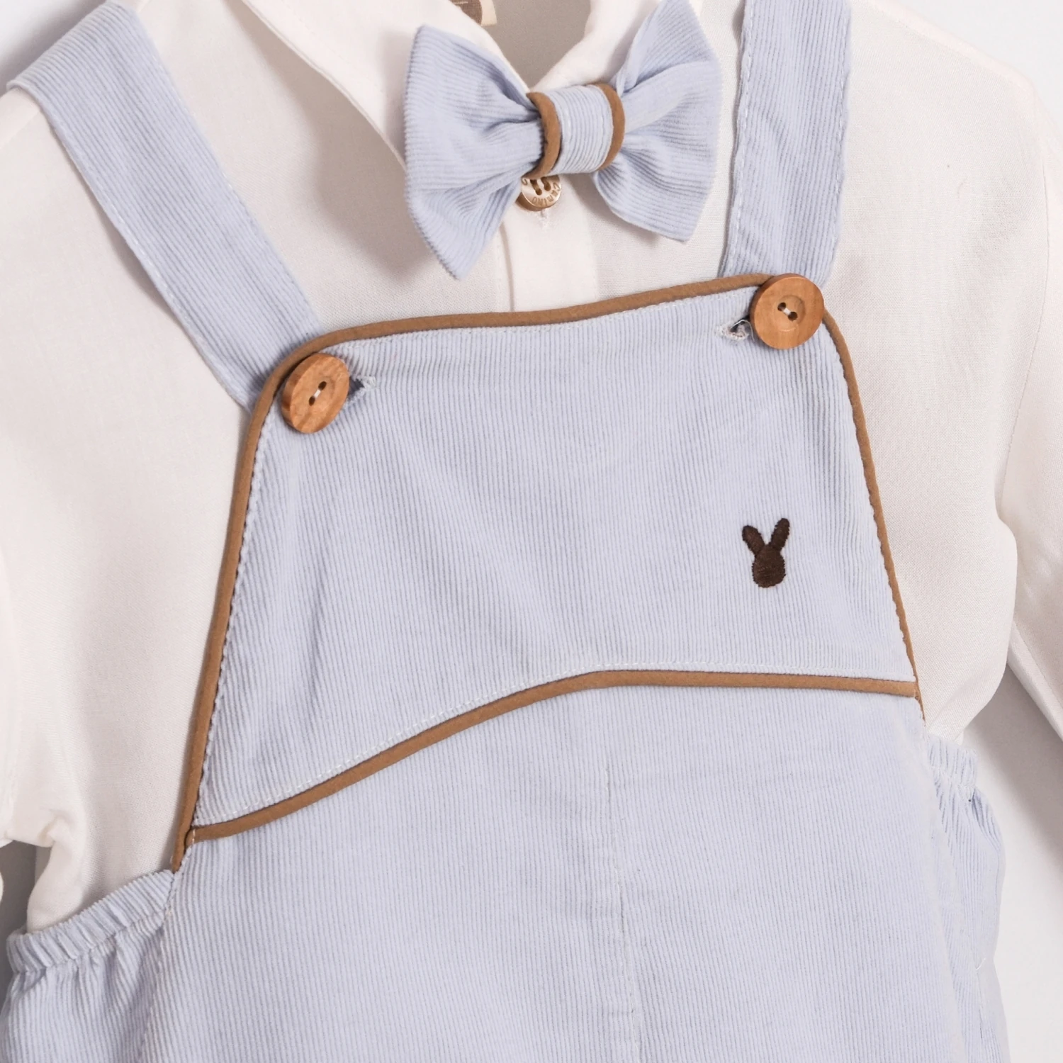 Erkek Bebek Chic Mavi Kadife Kumaş Papyonlu Salopetli Takım