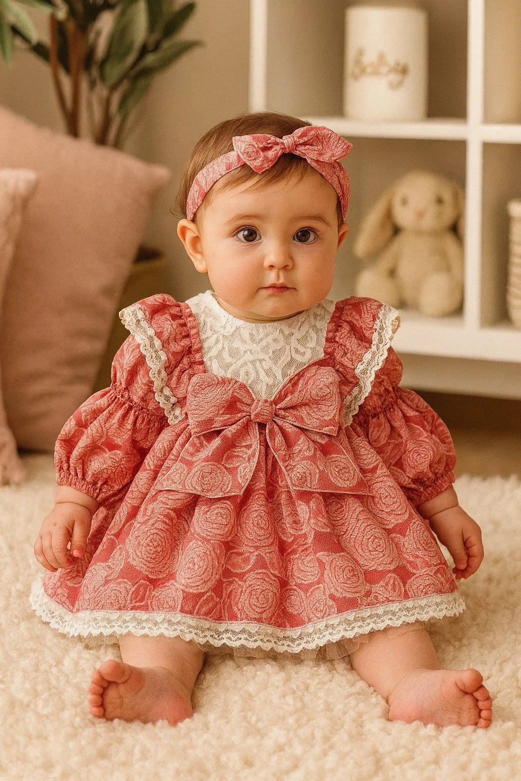 Kız Bebek Kırmızı Dushess Kurdeleli Elbise 