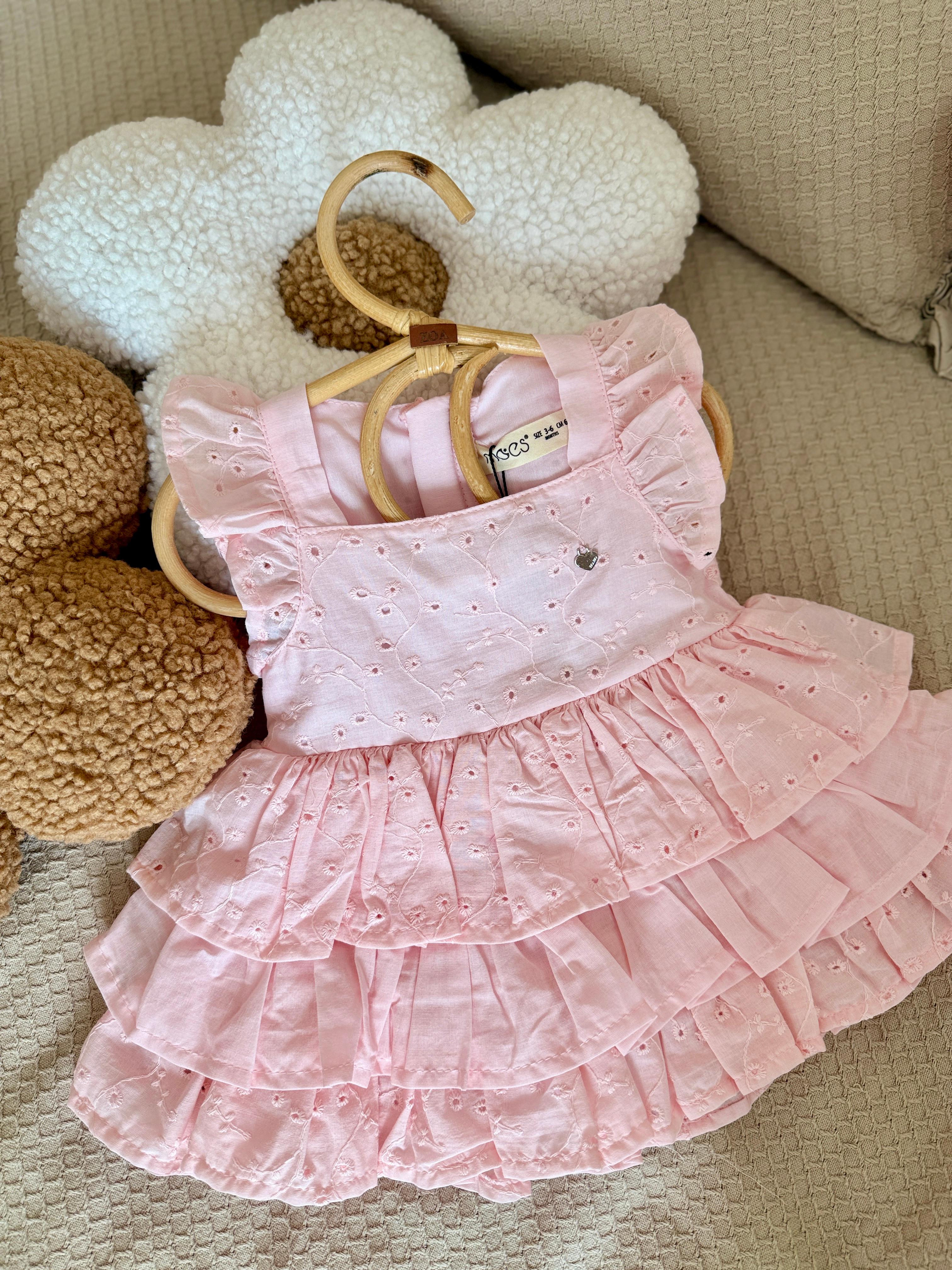 Kız Bebek Pembe Fistolu 3 Katlı Elbise 