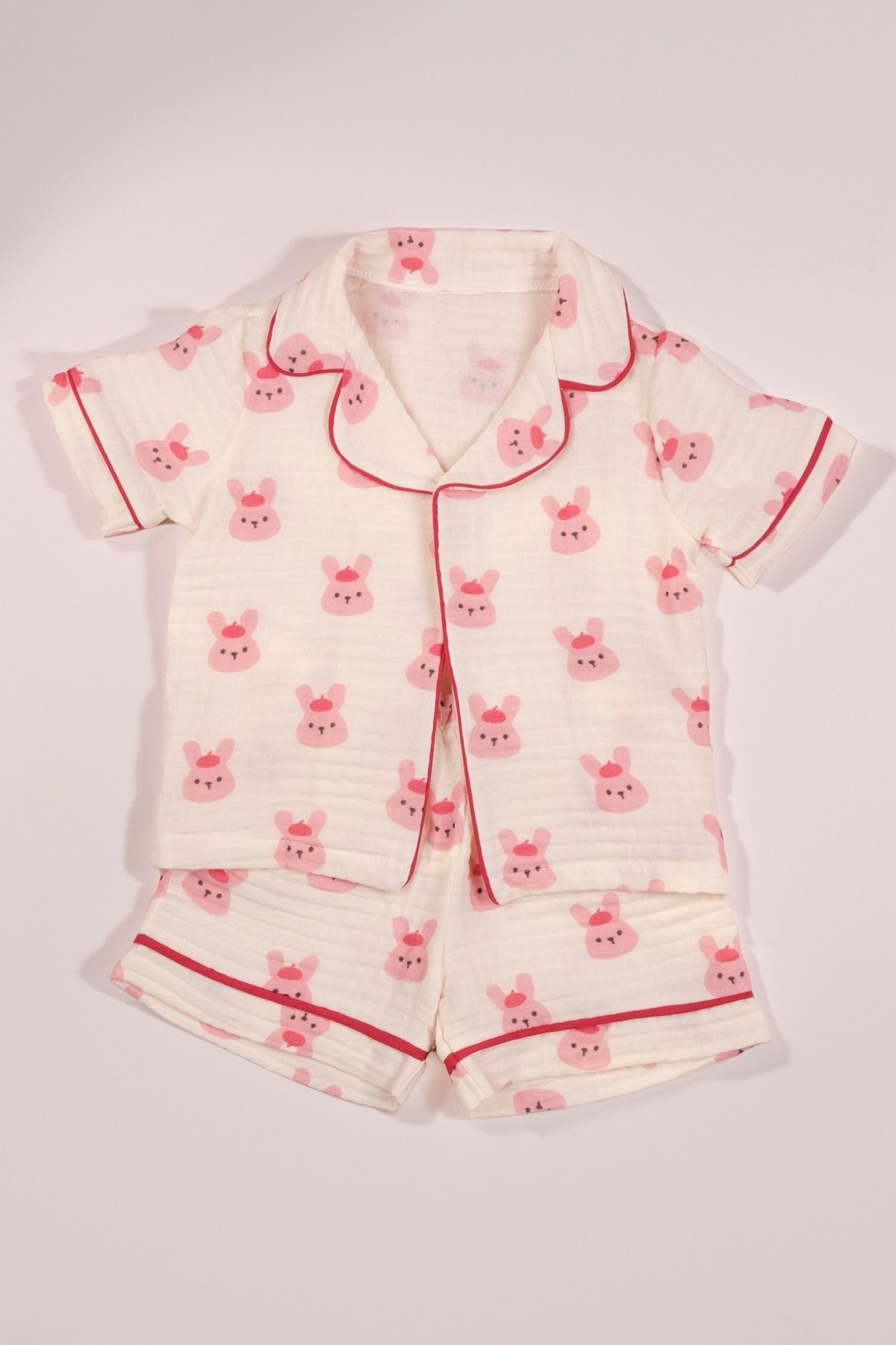 Kız Bebek Pembe Organik Pamuk Tavşan Desenli Şortlu Pijama Takımı