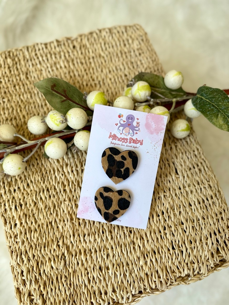 Kız Bebek 3li Kalpli Leopar Saçsız Bebek tokası 