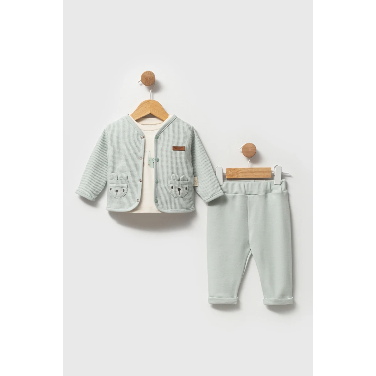 Erkek Bebek Mint %100 Pamuk Kulaklı Cepli 3lü Takım