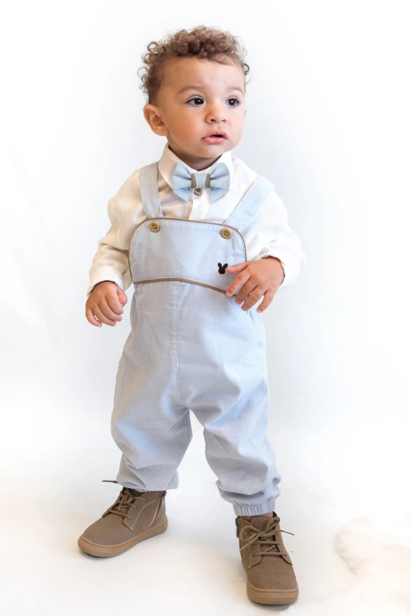 Erkek Bebek Chic Mavi Kadife Kumaş Papyonlu Salopetli Takım