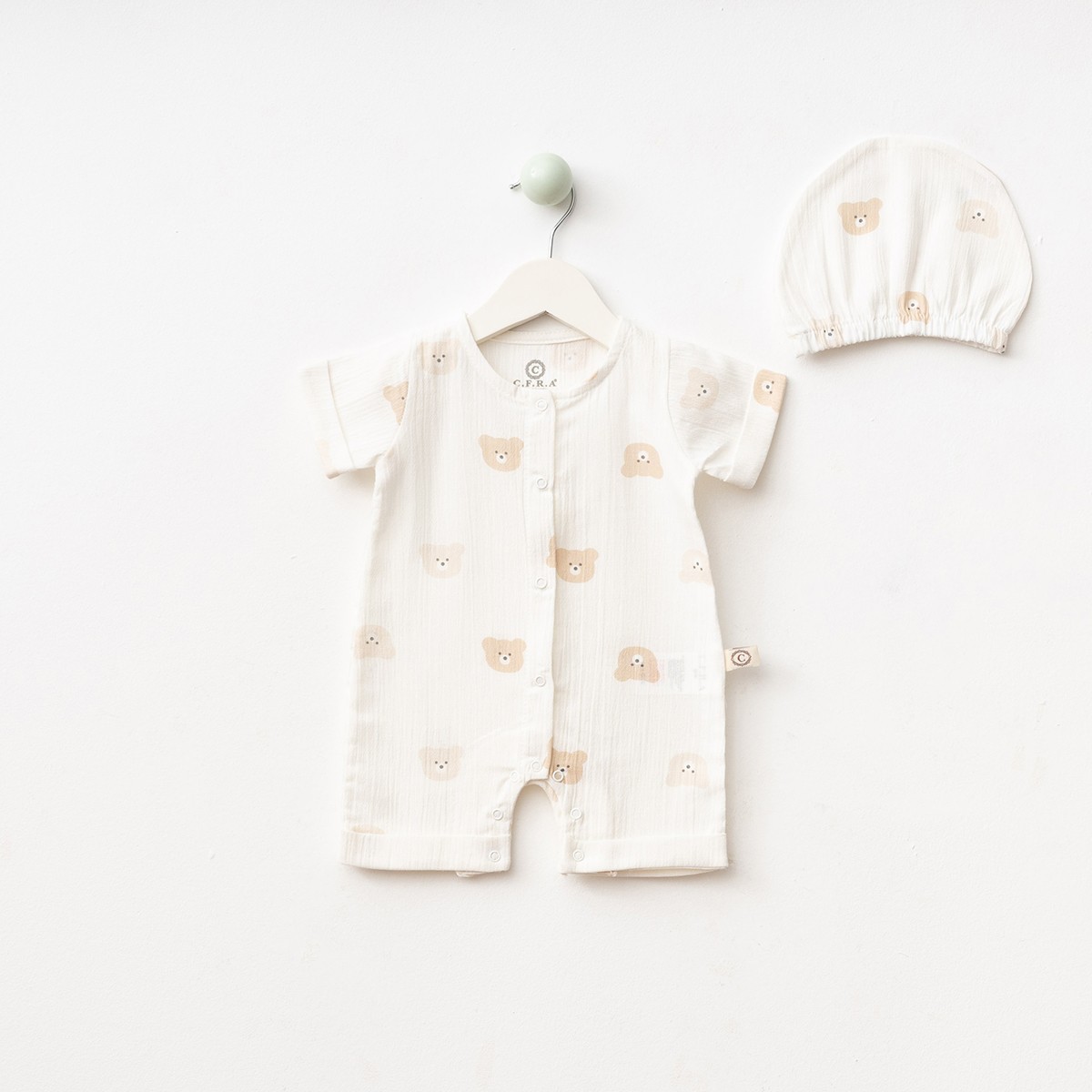 Unisex Ekru Ayıcıklı Müslin Şapkalı Barbatöz