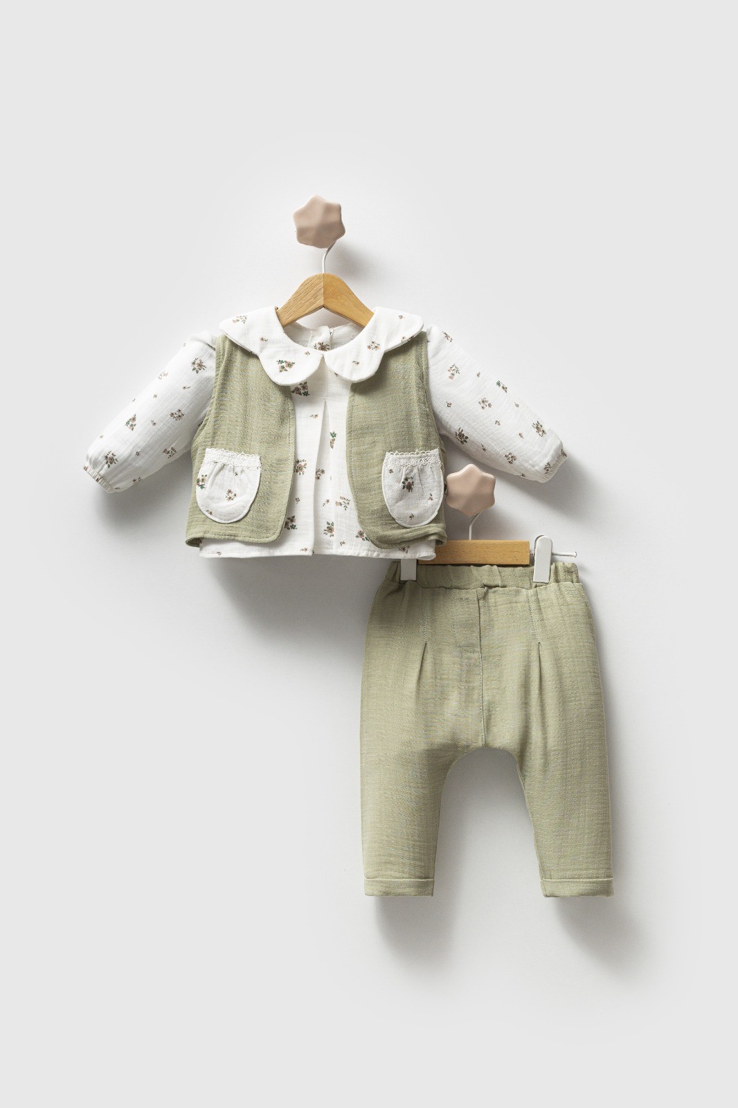 Kız Bebek Mint Çiçekli Yaka Detaylı Müslin 3lü Takım