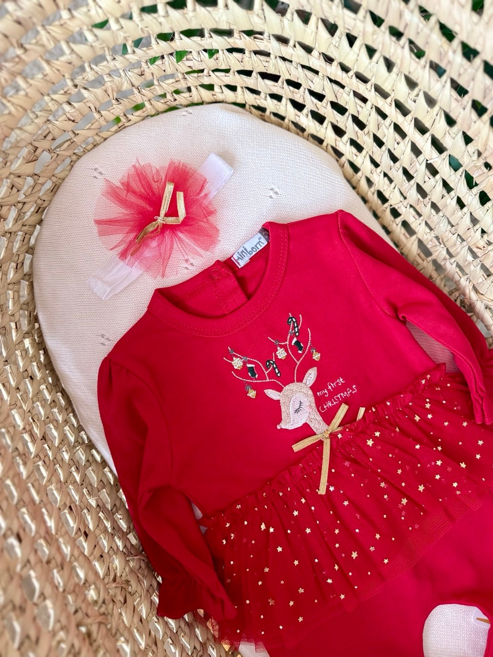 Kız Bebek Kırmızı İlk Yeni Yıl Geyik İşlemeli Yıldız Tütülü Tulum Bandana