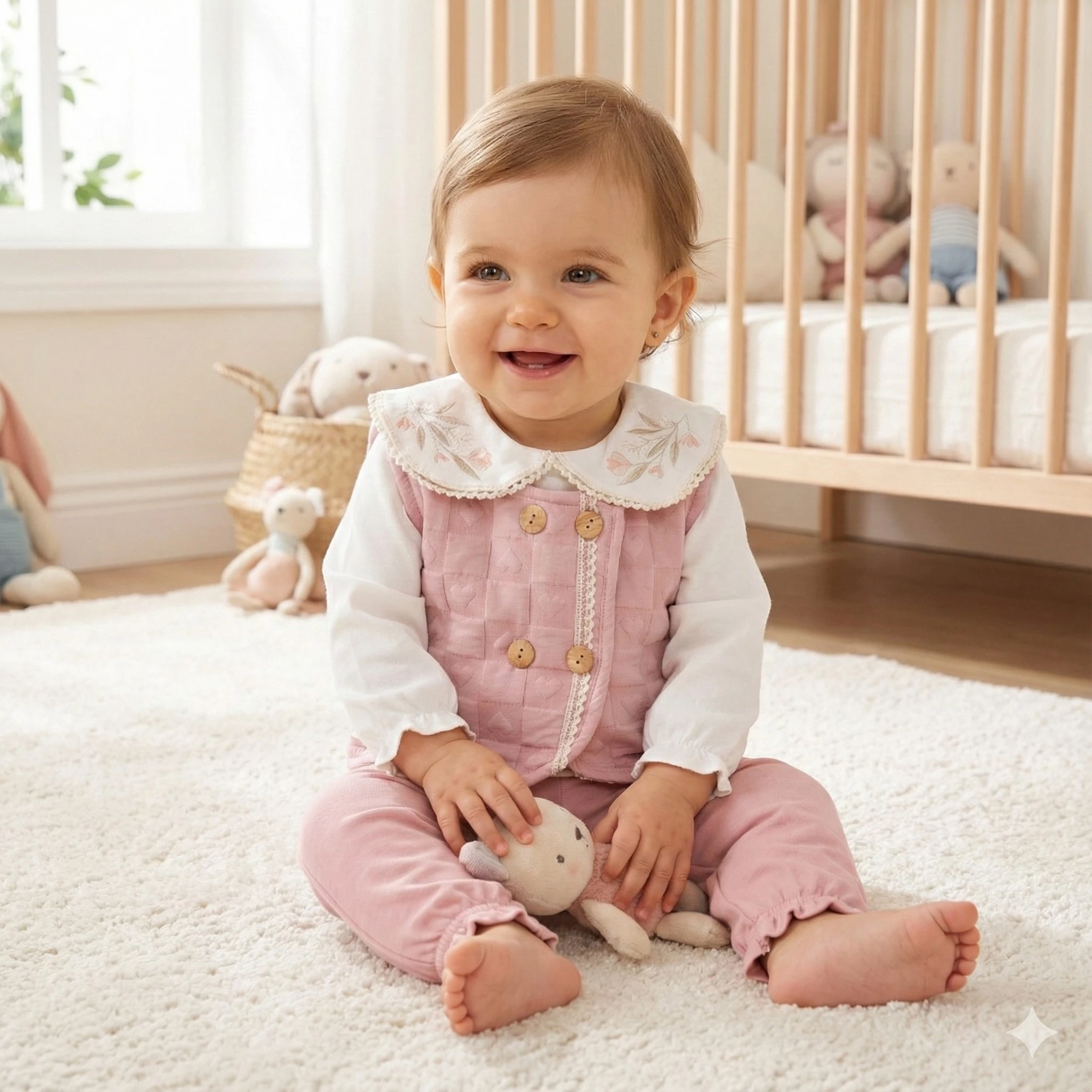 Kız Bebek Pembe Yakası Nakışlı Yelekli 3lü Takım