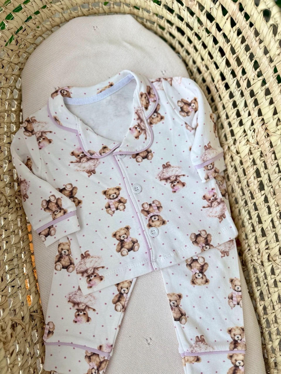 Kız Bebek Ayıcıklı Biyeli Gömlekli Pijama Takımı