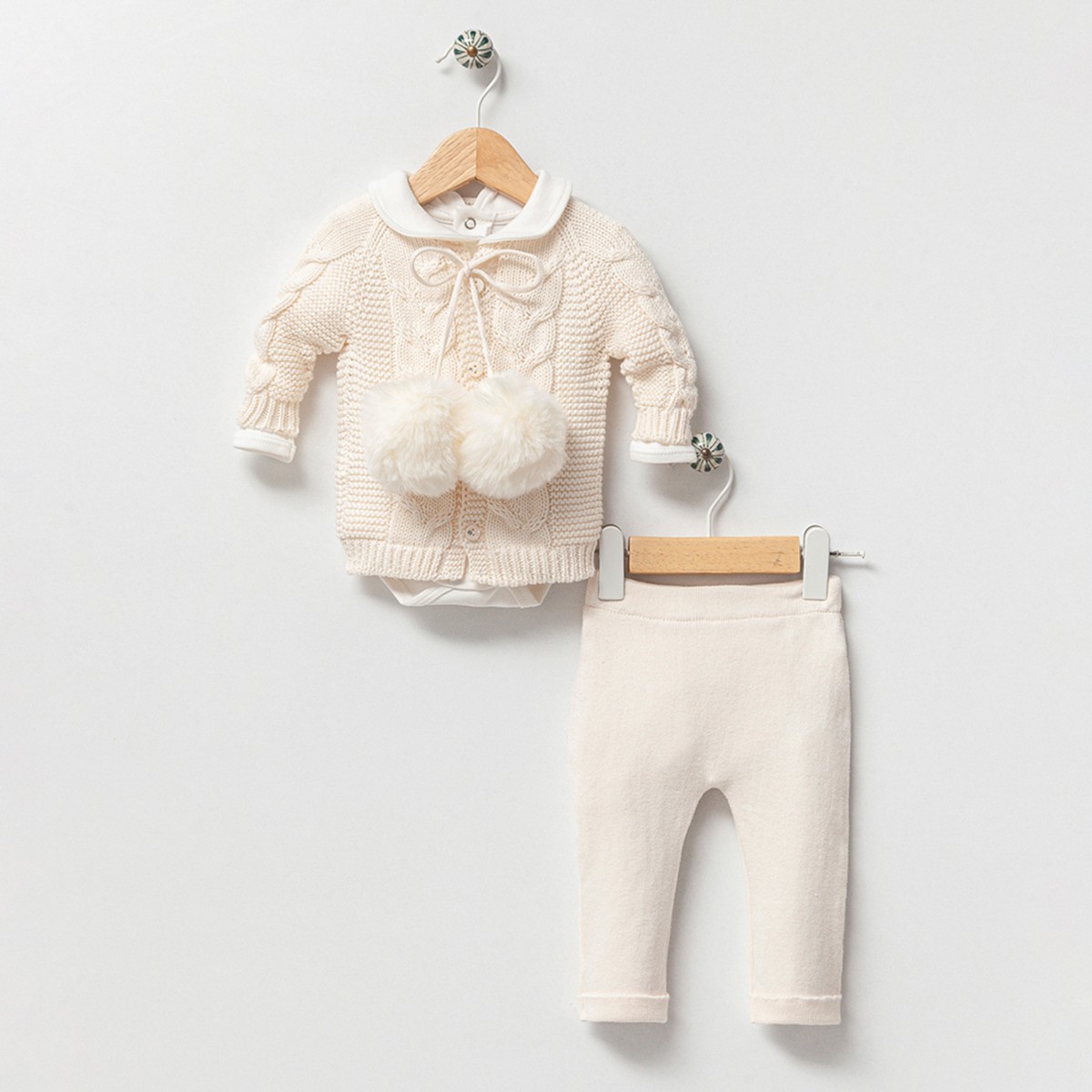 Kız Bebek Premium Krem Ponponlu 3lü Takım
