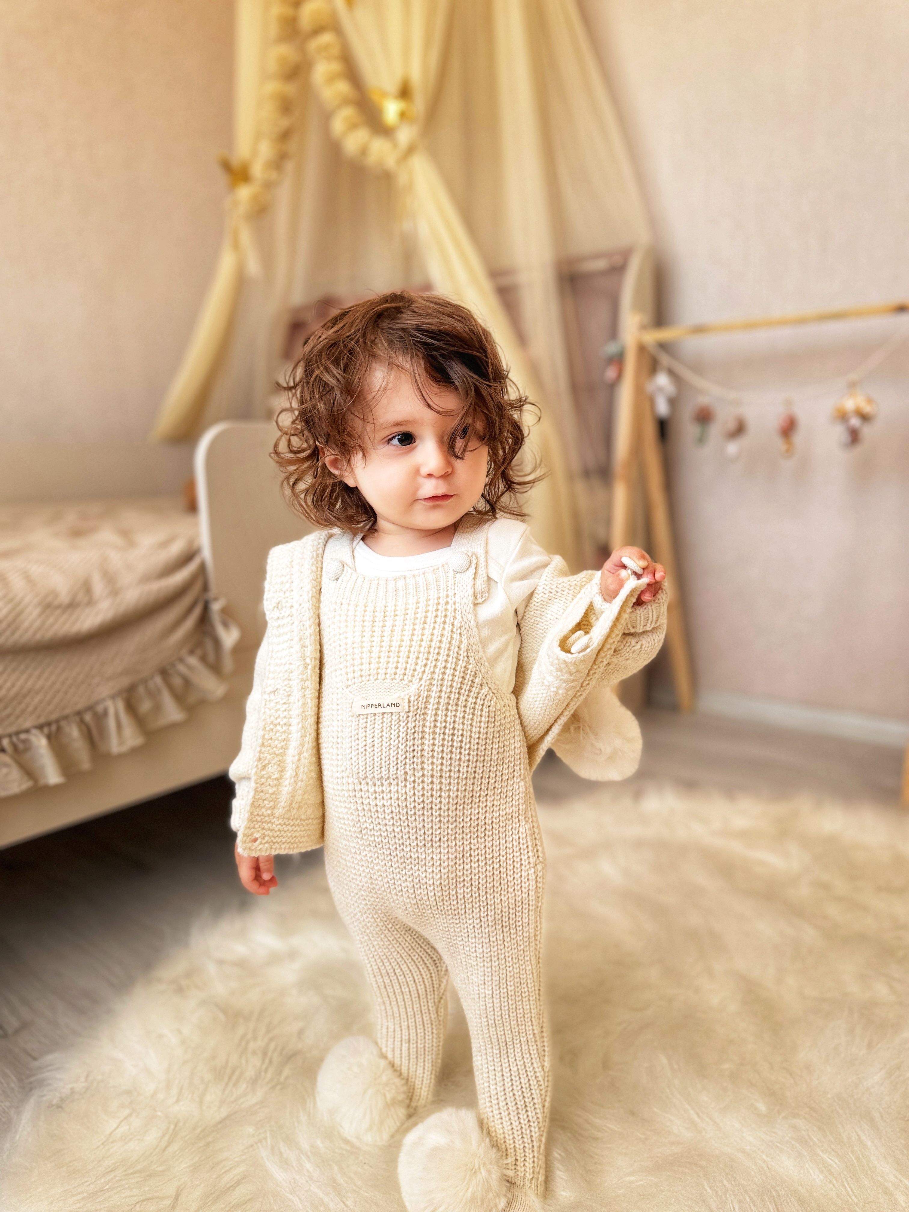 Unisex Premium Krem Kürklü Ponponlu Selanik Salopet