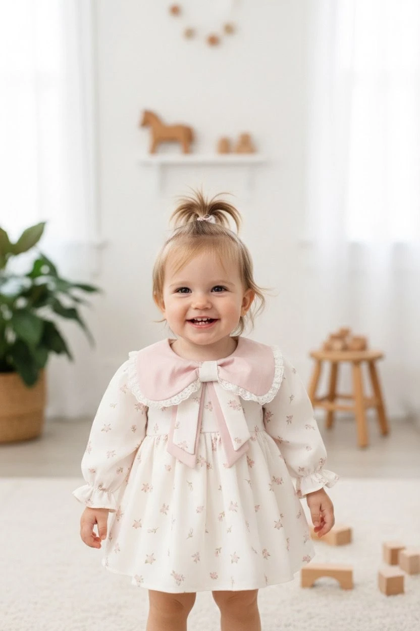 Kız Bebek Kurdele Detaylı Çiçekli Pudra Vintage Elbise