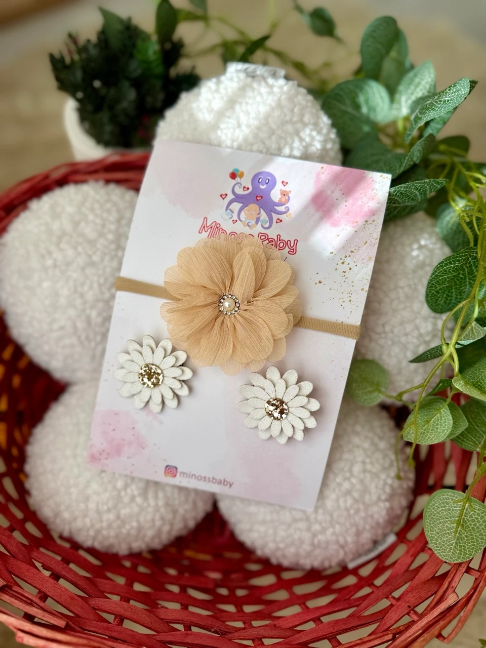 Kız Bebek Bej Çiçekli Saç Bandı Ve Gold Çiçekli 2li Saçsız Bebek Toka Seti 