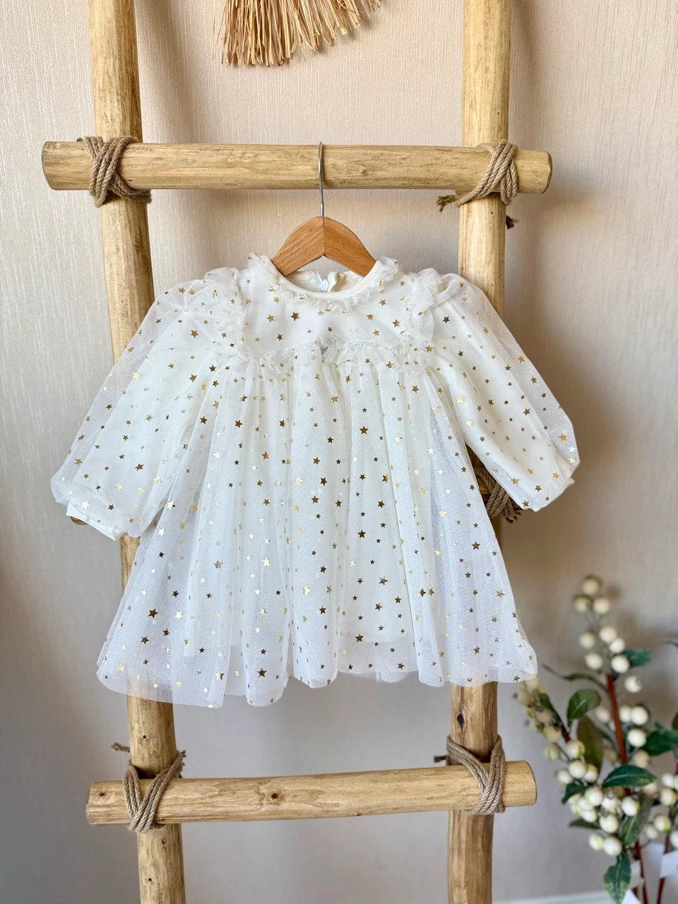 Kız Bebek Ekru Gold Yıldız İçi Penye Astarlı Tütülü Parti Elbisesi