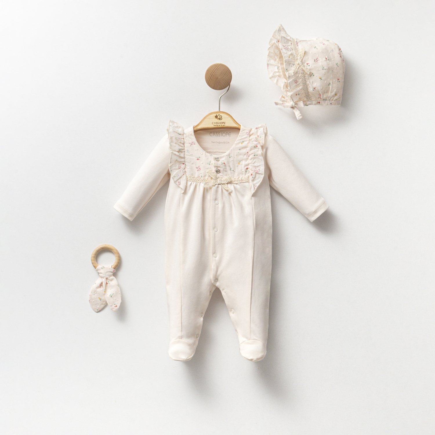 Kız Bebek Premium Bej Fistolu Diş Kaşıyıcılı 3lü Tulum Set