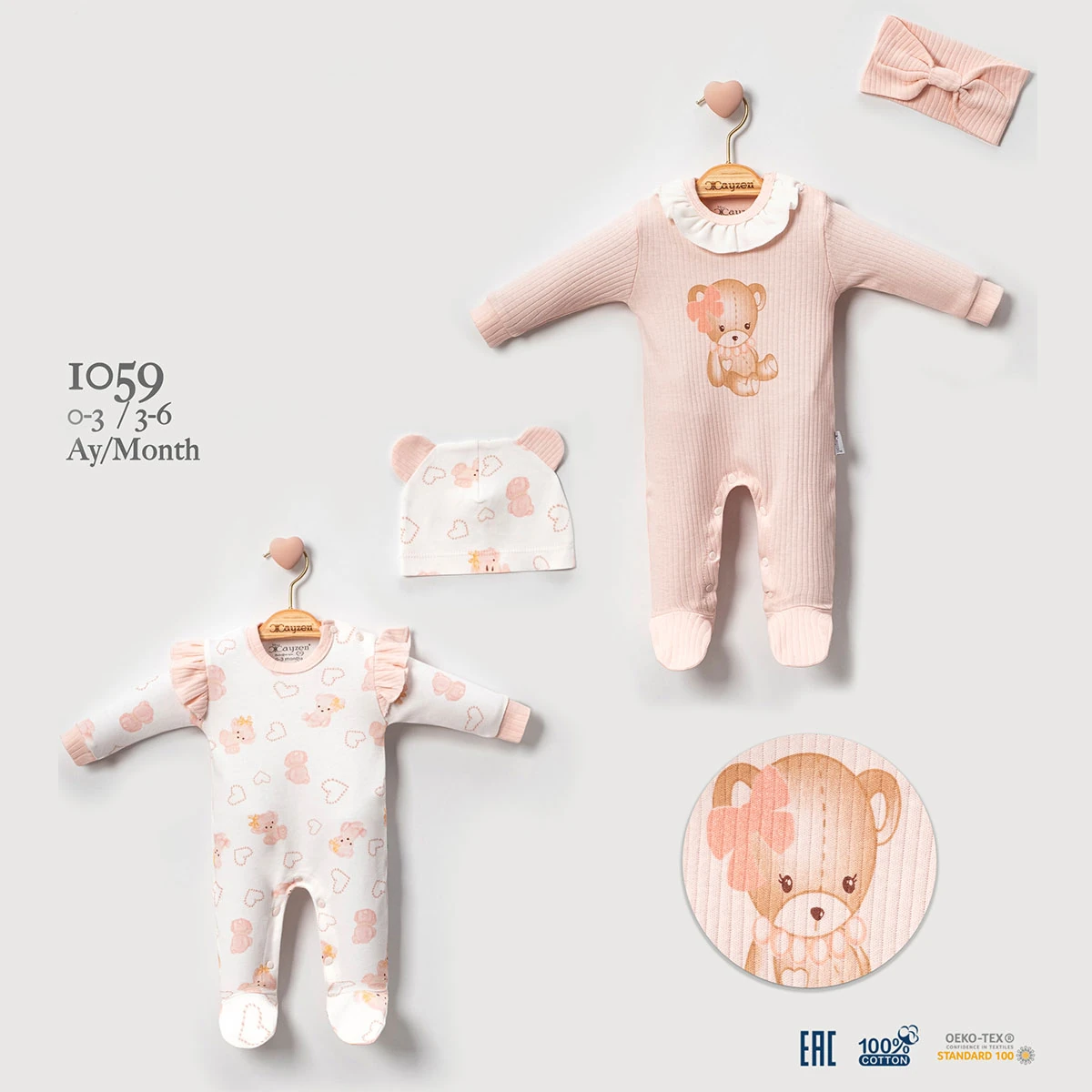 Kız Bebek Somon Ayıcıklı 2li Tulum Seti