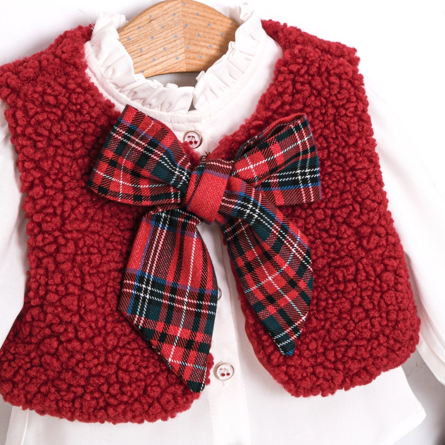 Kız Bebek Kırmızı Peluş Yelekli Ekose Desen 3lü Kız Takım 