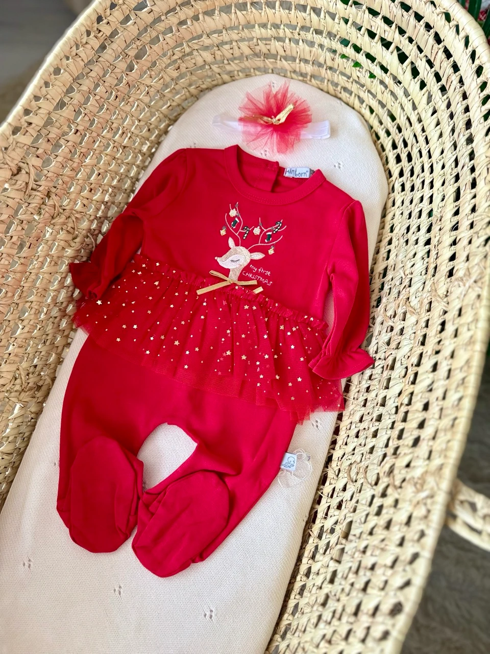 Kız Bebek Kırmızı İlk Yeni Yıl Geyik İşlemeli Yıldız Tütülü Tulum Bandana
