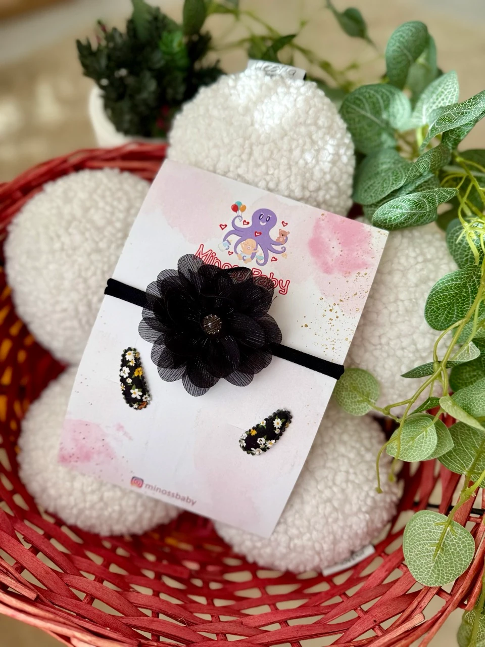 Kız Bebek Siyah Çiçekli Saç Bandı ve Çiçekli Vintage Minik Çıtçıtlı 2li Toka Seti
