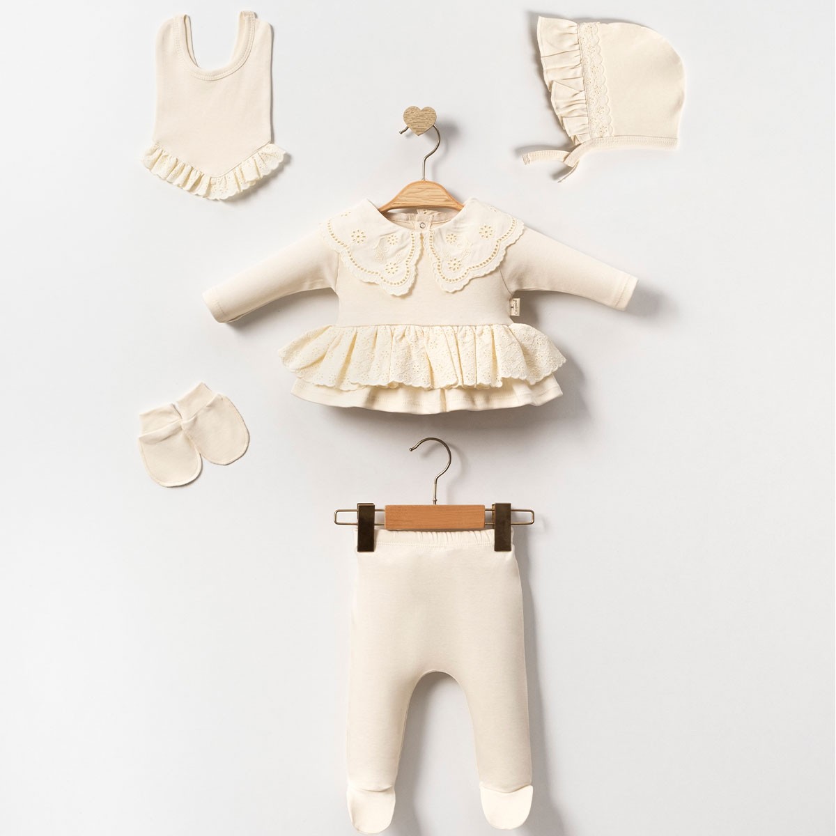 Kız Bebek 0-3 Ay Krem Elite 5li Set