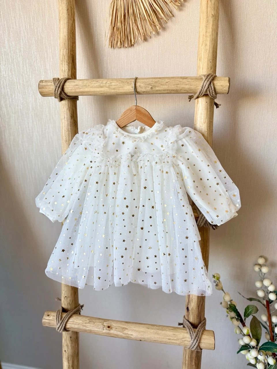 Kız Bebek Ekru Gold Yıldız İçi Penye Astarlı Tütülü Parti Elbisesi