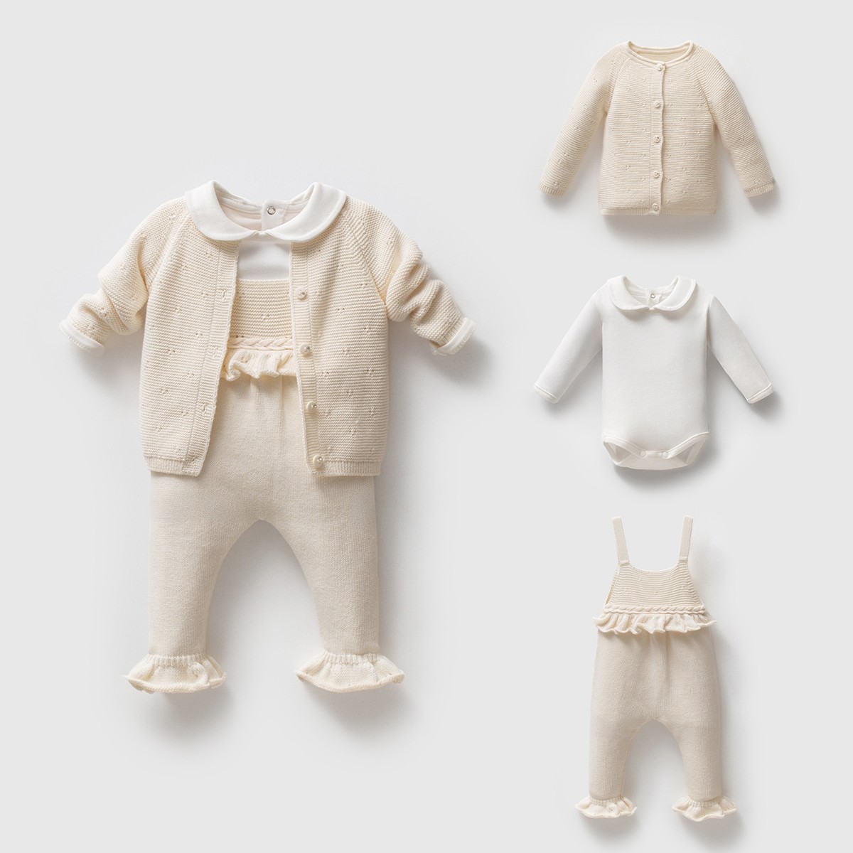 Kız Bebek Premium Krem Ajurlu 3lü Salopet Takım