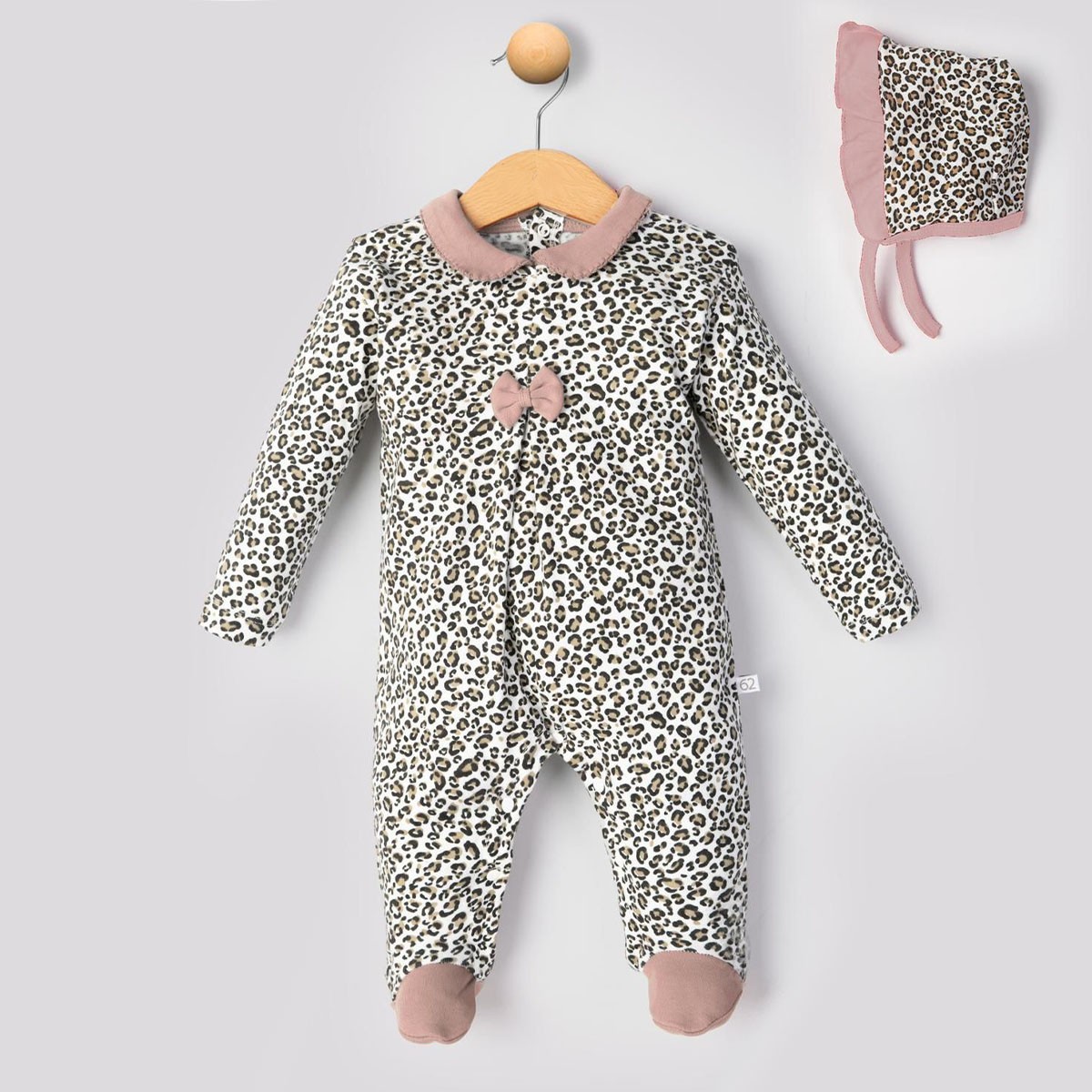 Kız Bebek Pudra Bebe Yaka Leoparlı Şapkalı Tulum Seti