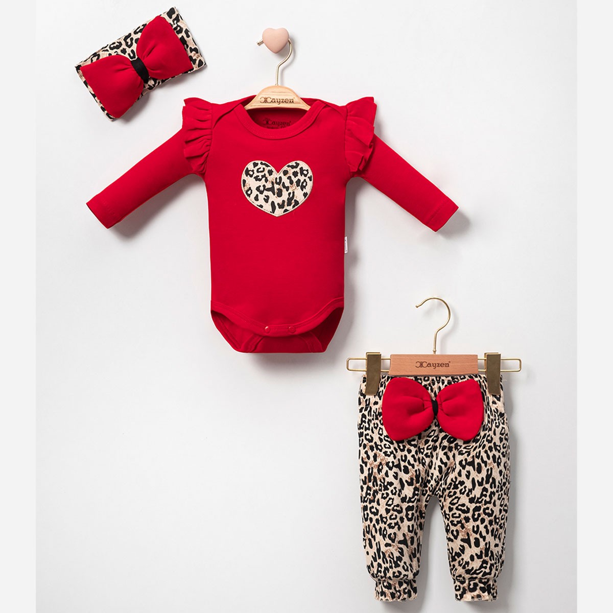 Kız Bebek Kırmızı Leoparlı Kalpli 3lü Takım