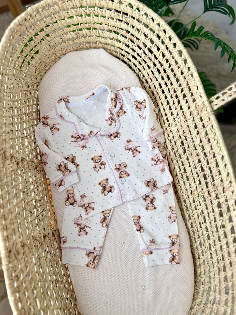 Kız Bebek Ayıcıklı Biyeli Gömlekli Pijama Takımı