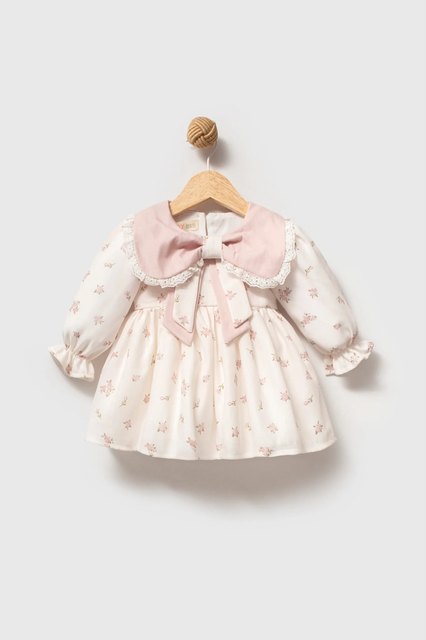 Kız Bebek Kurdele Detaylı Çiçekli Pudra Vintage Elbise