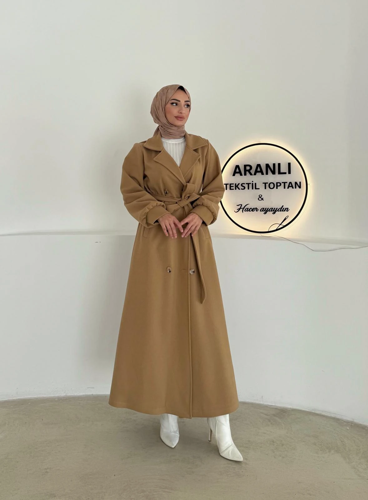 Tam Boy Tesettür Kaşe Kaban - Deve Tüyü main variant image