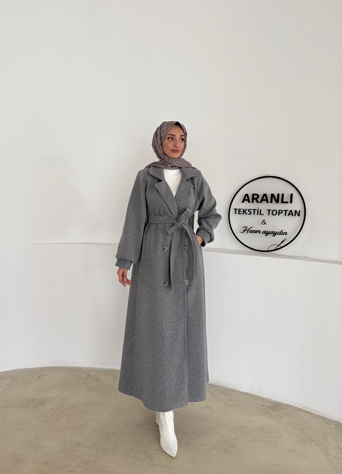 Tam Boy Tesettür Kaşe Kaban - Füme main variant image