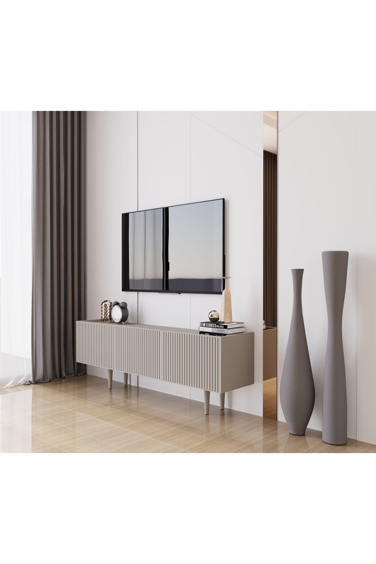 Capella Kumtaşı Rengi Mdf 3 Kapaklı Ahşap Ayaklı 140 Cm Tv Ünitesi