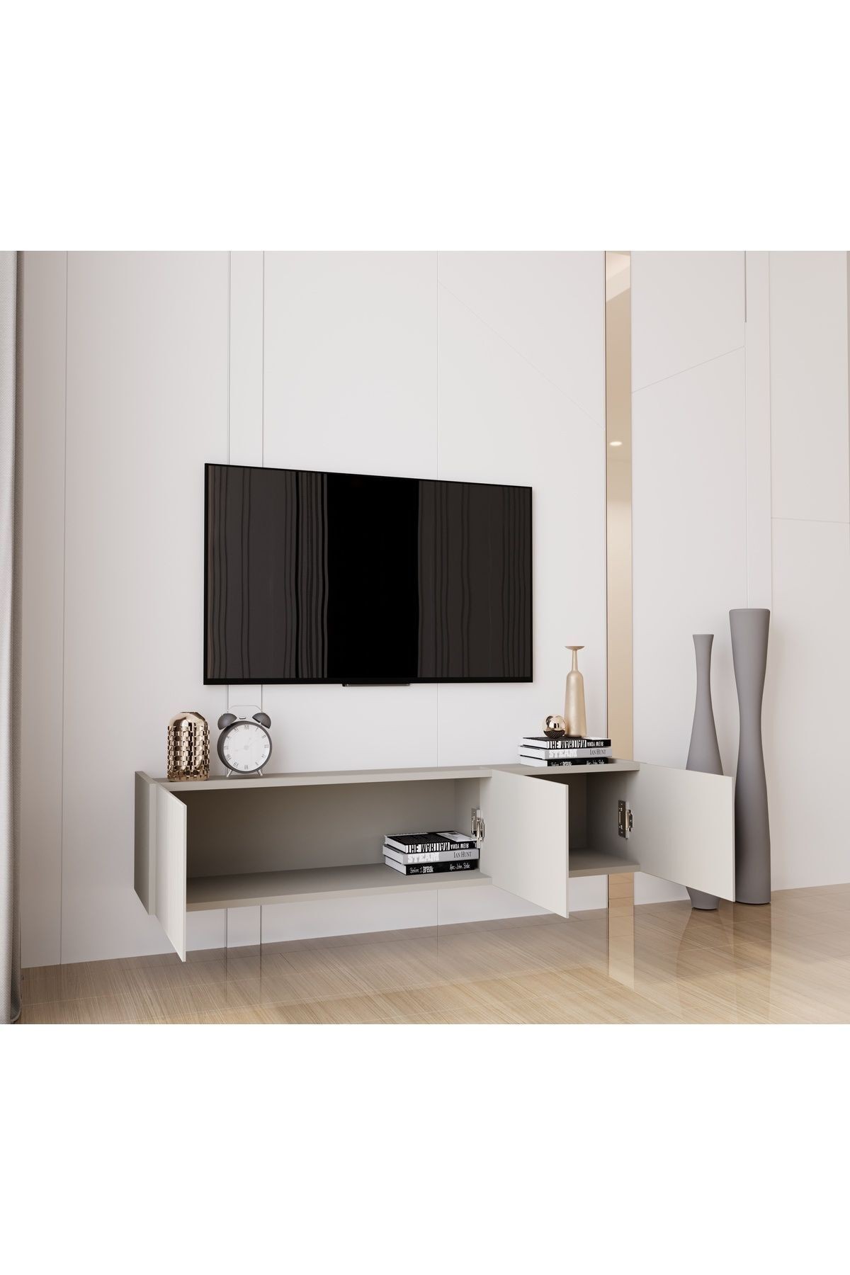 Capella Kumtaşı Rengi Mdf 3 Kapaklı Duvara Monte 140 Cm Tv Ünitesi