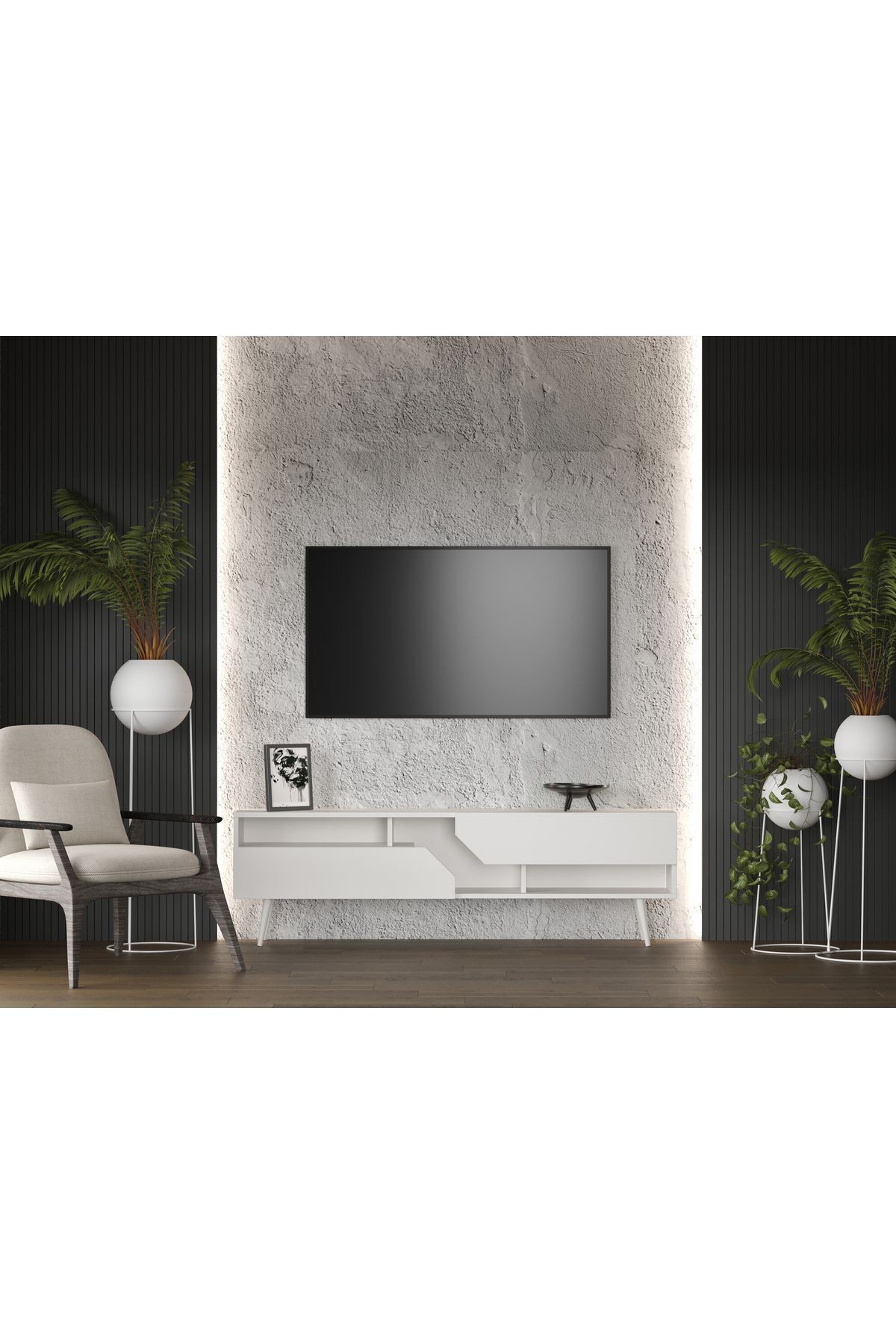Proycon Country Mdf Beyaz 2 Kapaklı Ahşap Ayaklı 140 Cm Tv Ünitesi