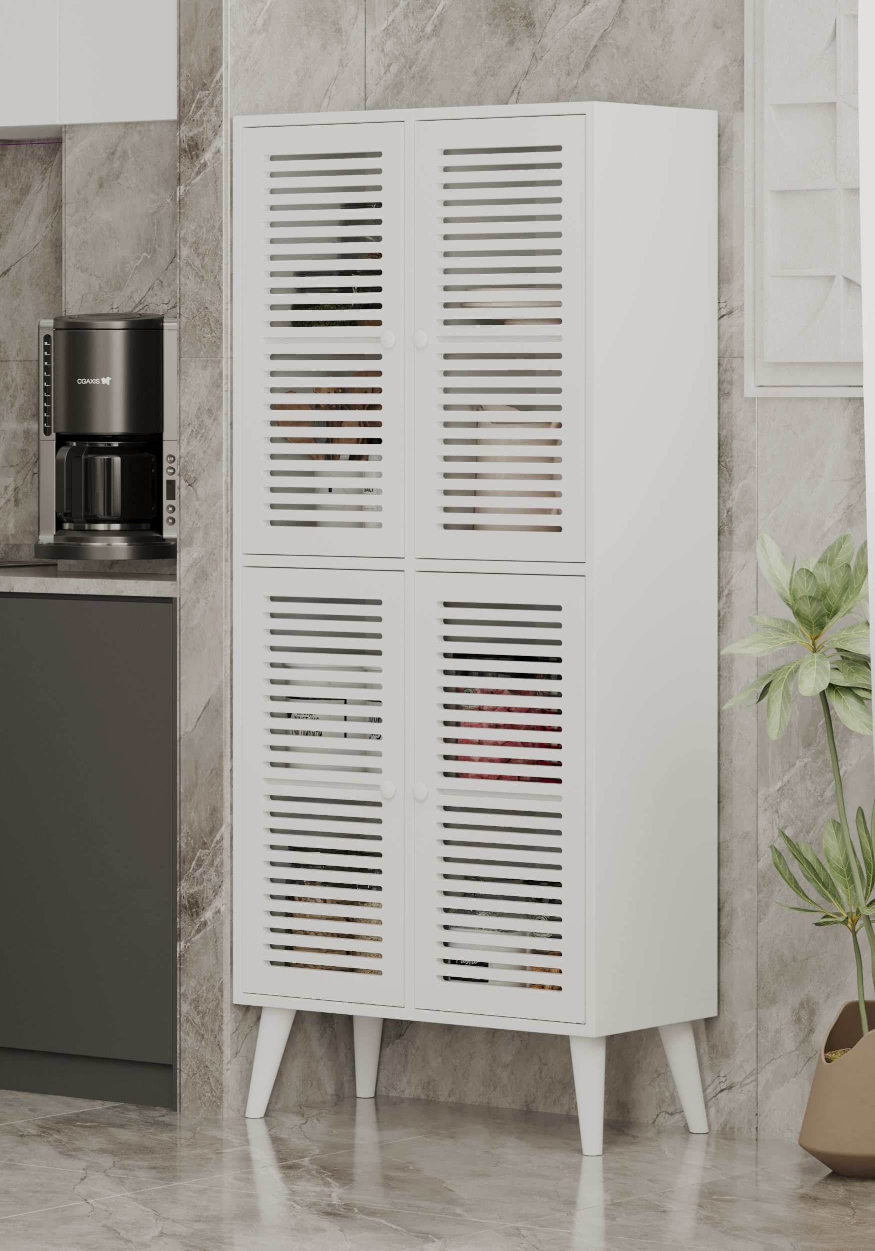 DENEB MDF BEYAZ 4 KAPAKLI(PANJUR KAPAK) AHŞAP AYAKLI KİLER DOLABI