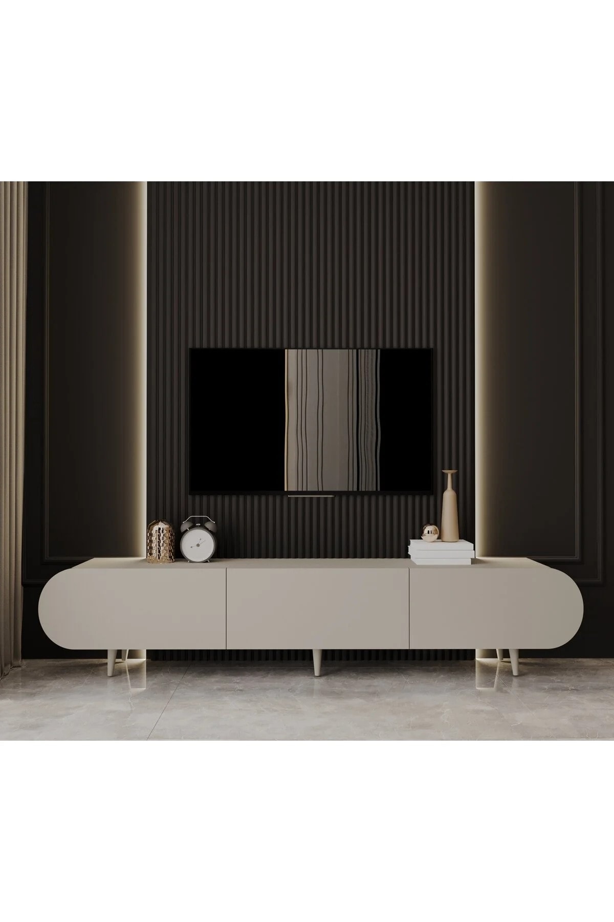 REGULUS MDF 3 KAPAKLI AHŞAP AYAKLI 200 Cm COUNTRY TV ÜNİTESİ - KUM TAŞI