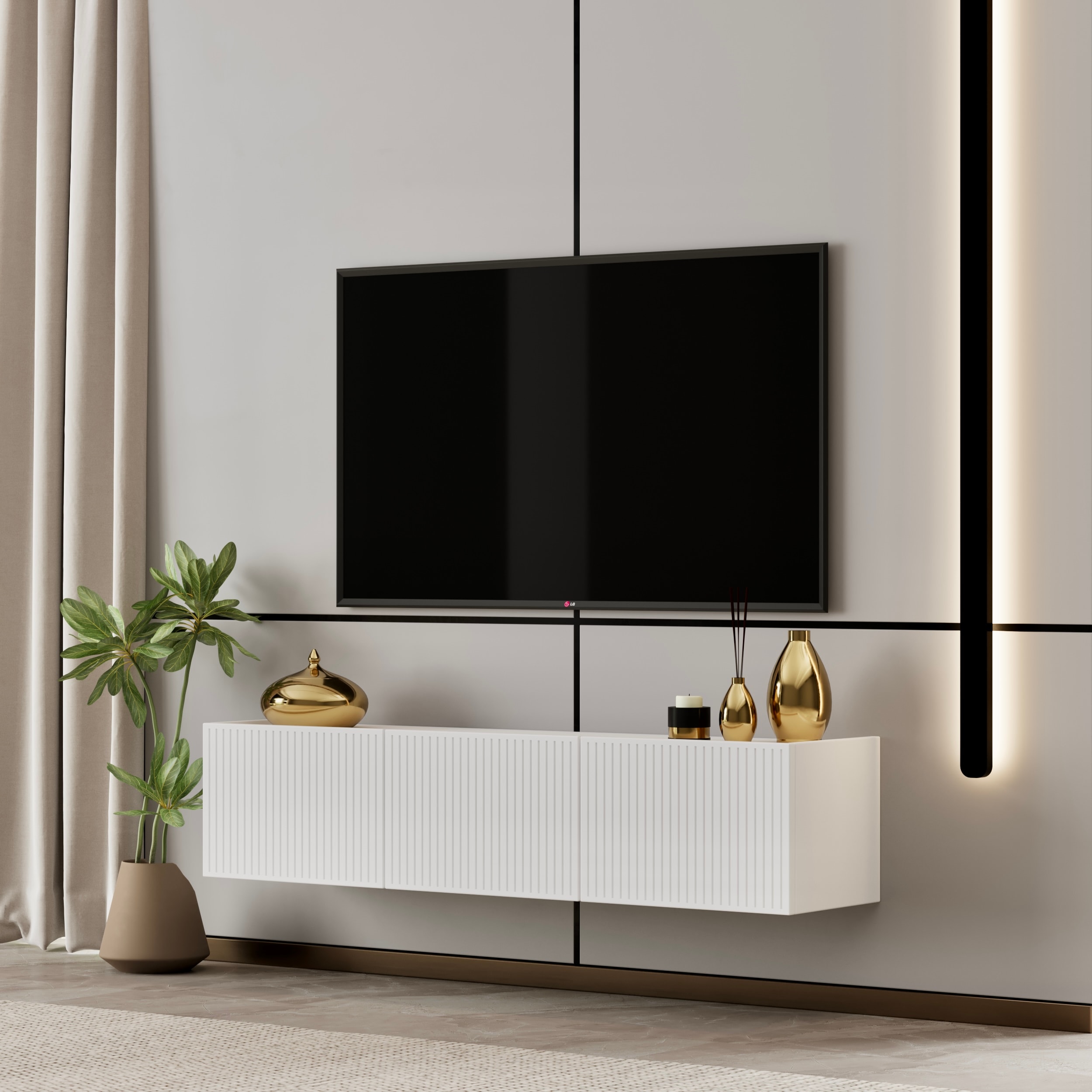 Capella TV ünitesi MDF 120 cm duvara monte kapaklı raflı