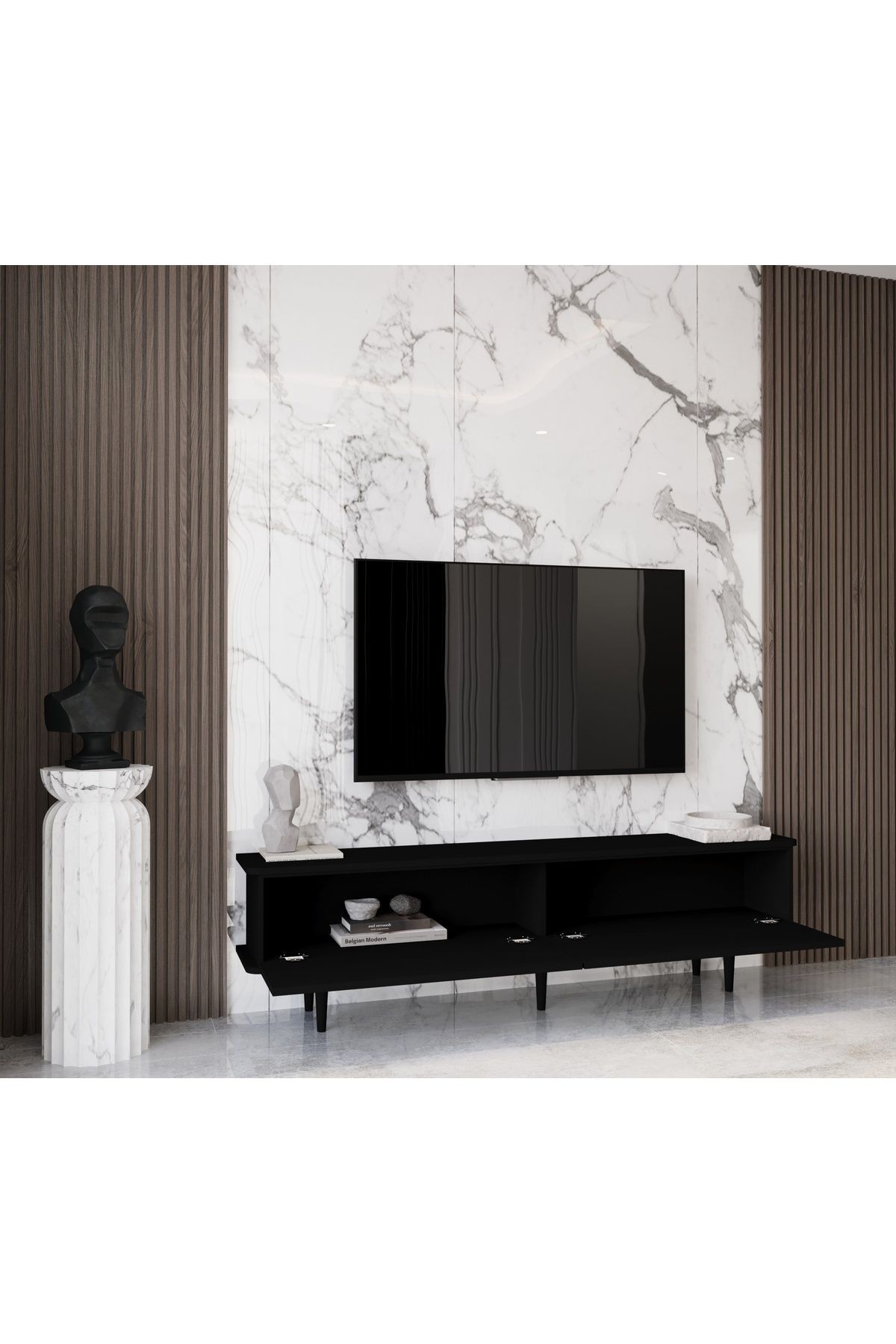 Pollux Country Mdf Siyah 2 Kapaklı Ahşap Ayaklı 180 Cm Tv Ünitesi