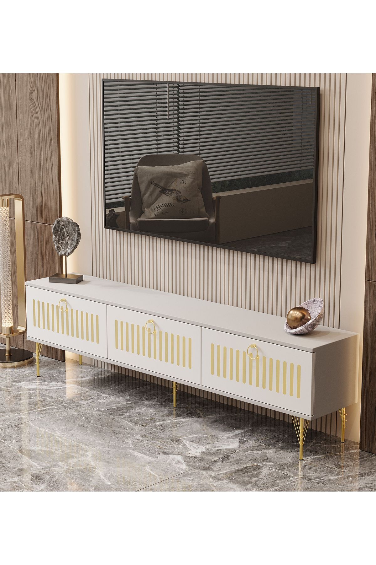 Andromeda GOLD SERİSİ 200 cm 3 kapaklı MDF TV ÜNİTESİ 200 x 50 x 32 cm