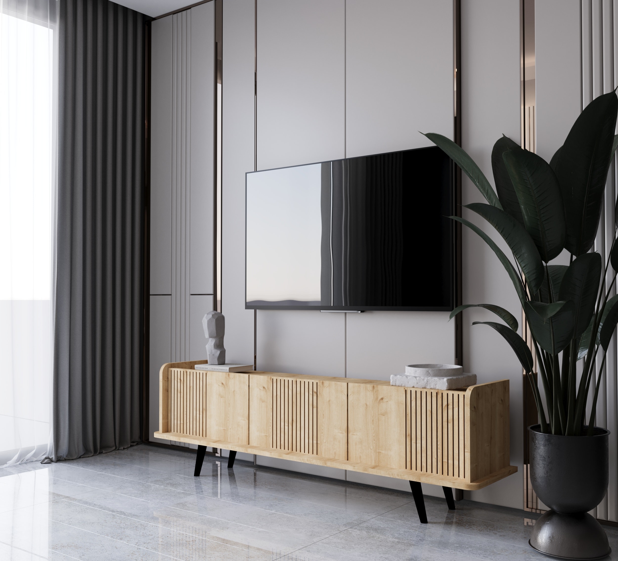 SPİCA SAFİR MEŞE RENGİ MDF AHŞAP AYAKLI 140 CM TV ÜNİTESİ