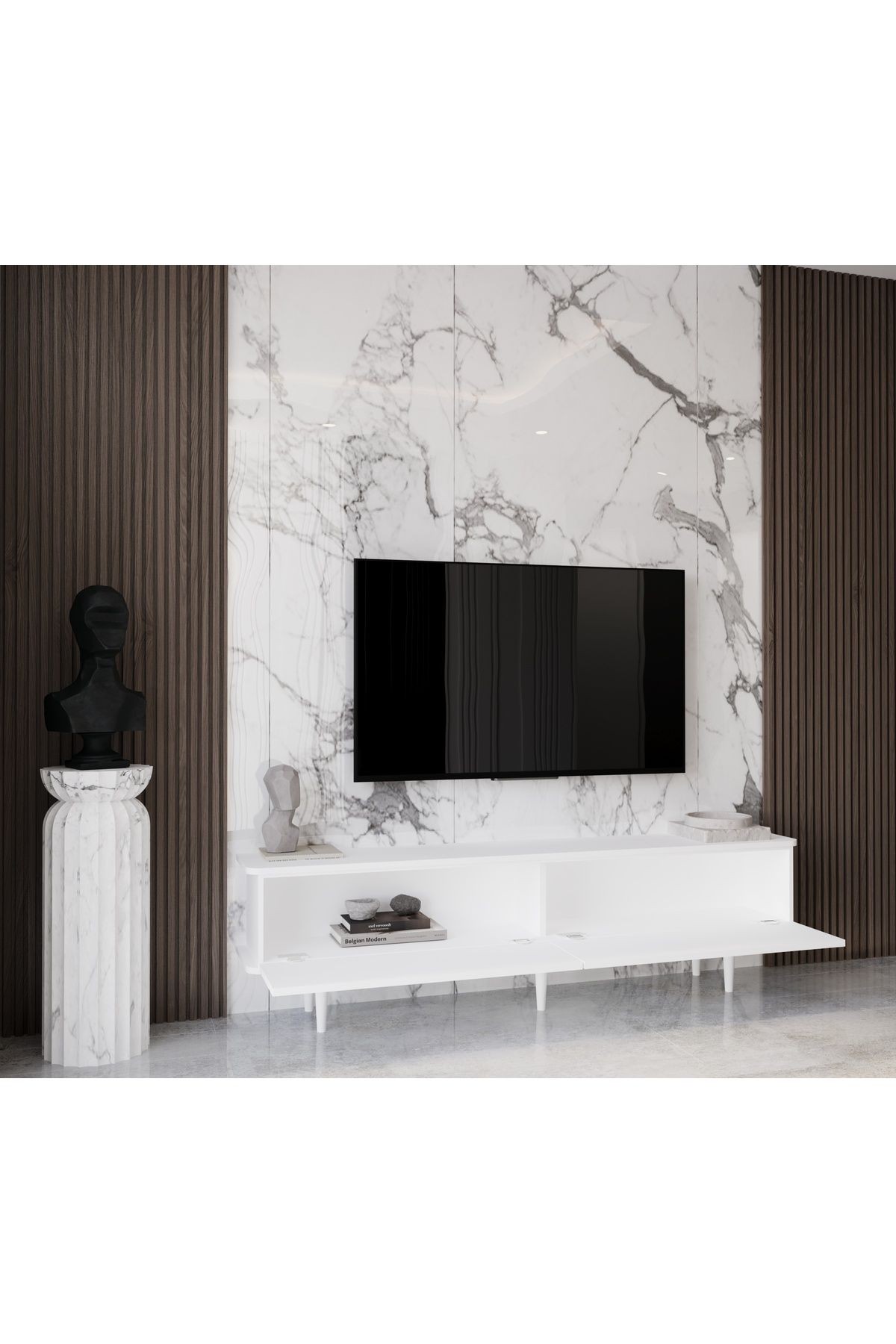Pollux Country Mdf Beyaz 2 Kapaklı Ahşap Ayaklı 180 Cm Tv Ünitesi