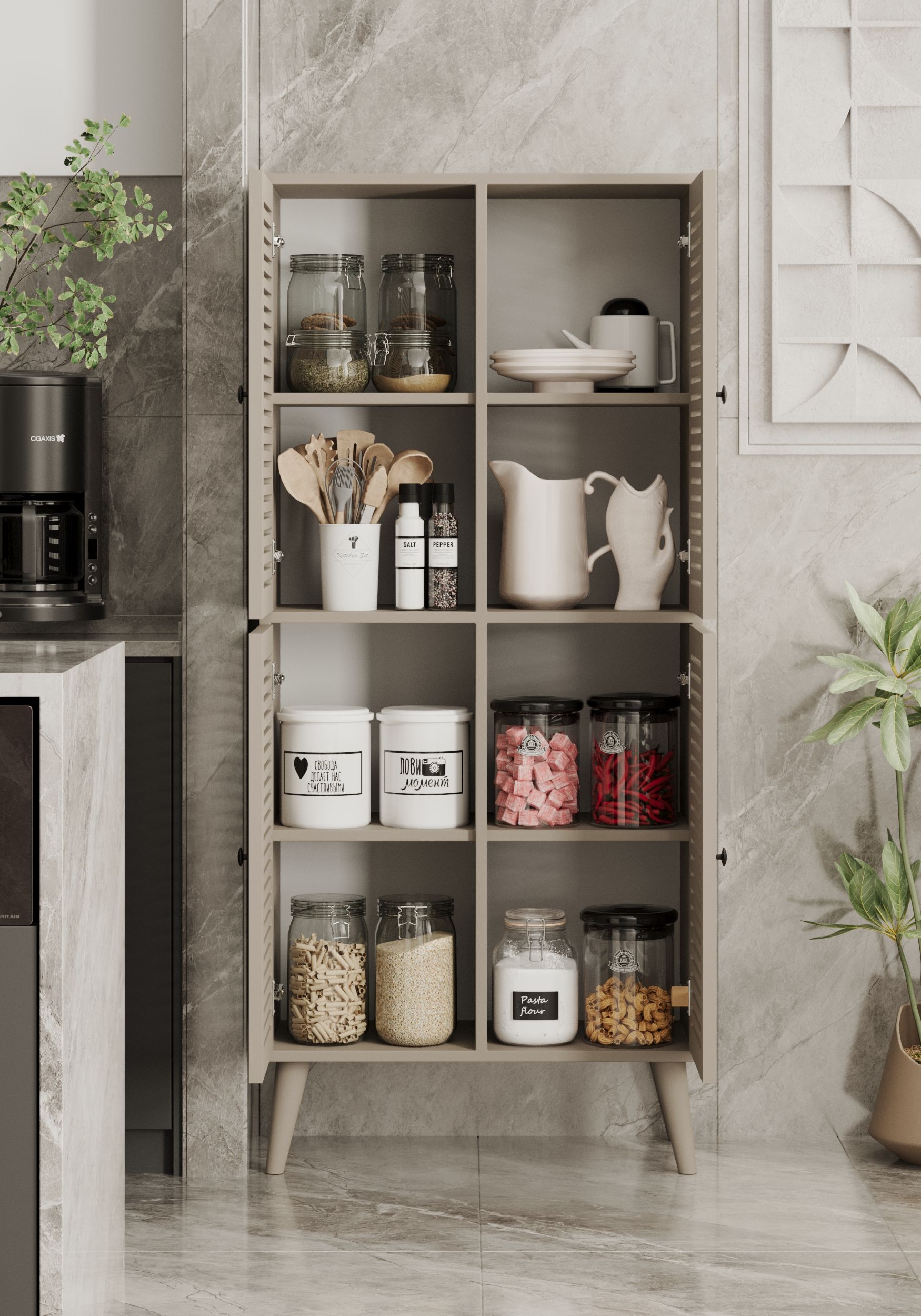DENEB MDF KUM TAŞI RENGİ 4 Kapaklı(Panjur Kapak) Ahşap Ayaklı Kiler Dolabı