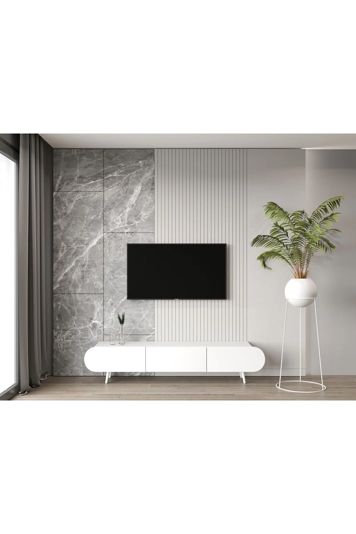 REGULUS MDF 3 KAPAKLI AHŞAP AYAKLI 180 Cm COUNTRY TV ÜNİTESİ - BEYAZ