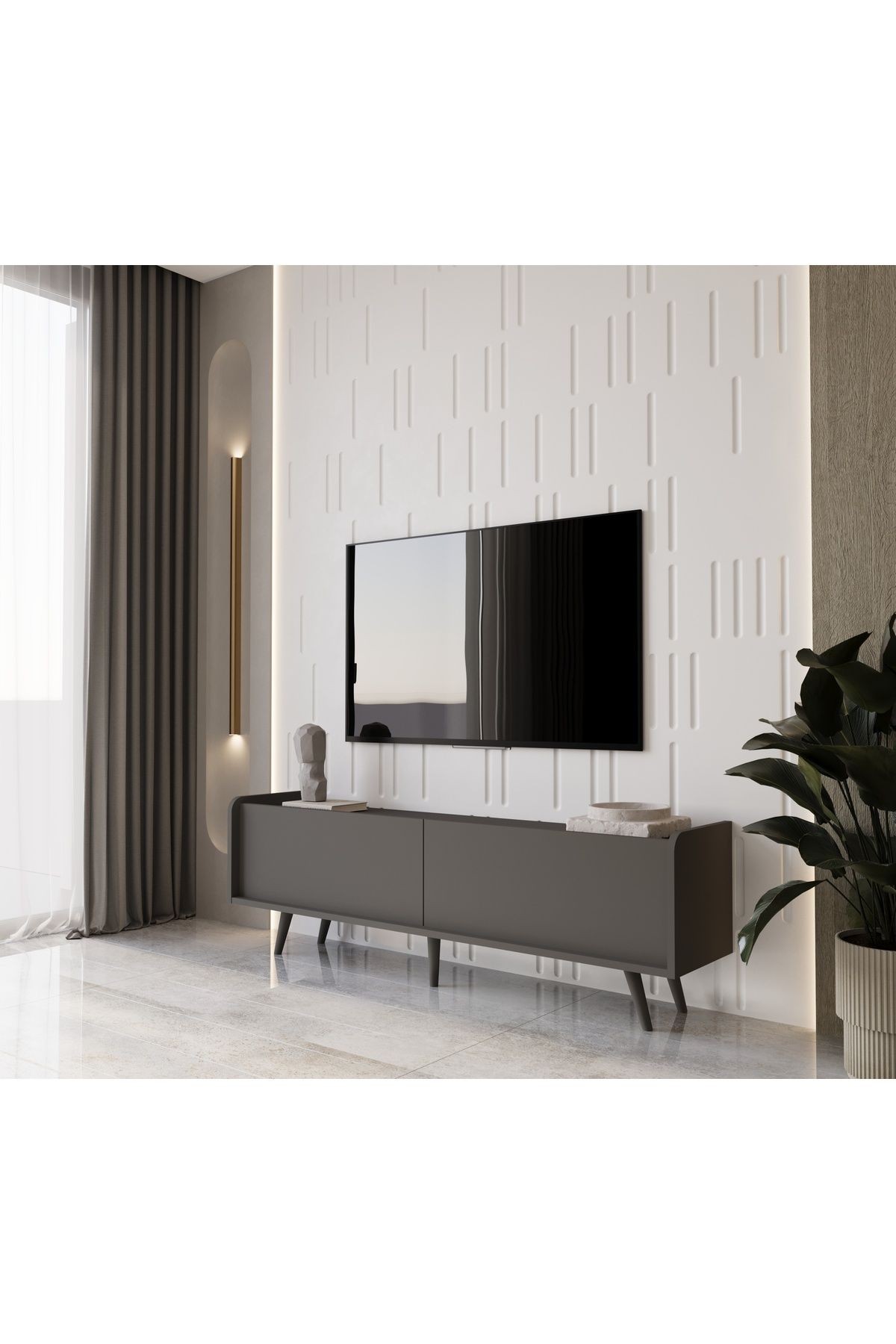 RİGEL GRİ MDF 2 KAPAKLI (DÜŞME KAPAK) AHŞAP AYAKLI 160 CM COUNTRY TV ÜNİTESİ