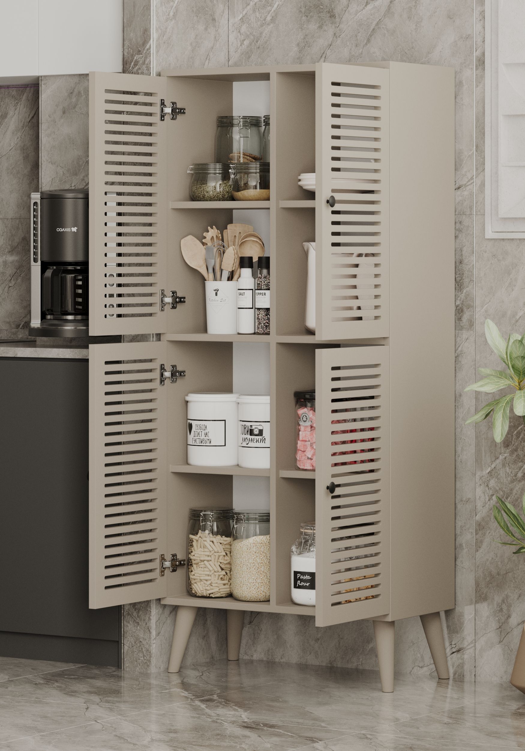 DENEB MDF KUM TAŞI RENGİ 4 Kapaklı(Panjur Kapak) Ahşap Ayaklı Kiler Dolabı